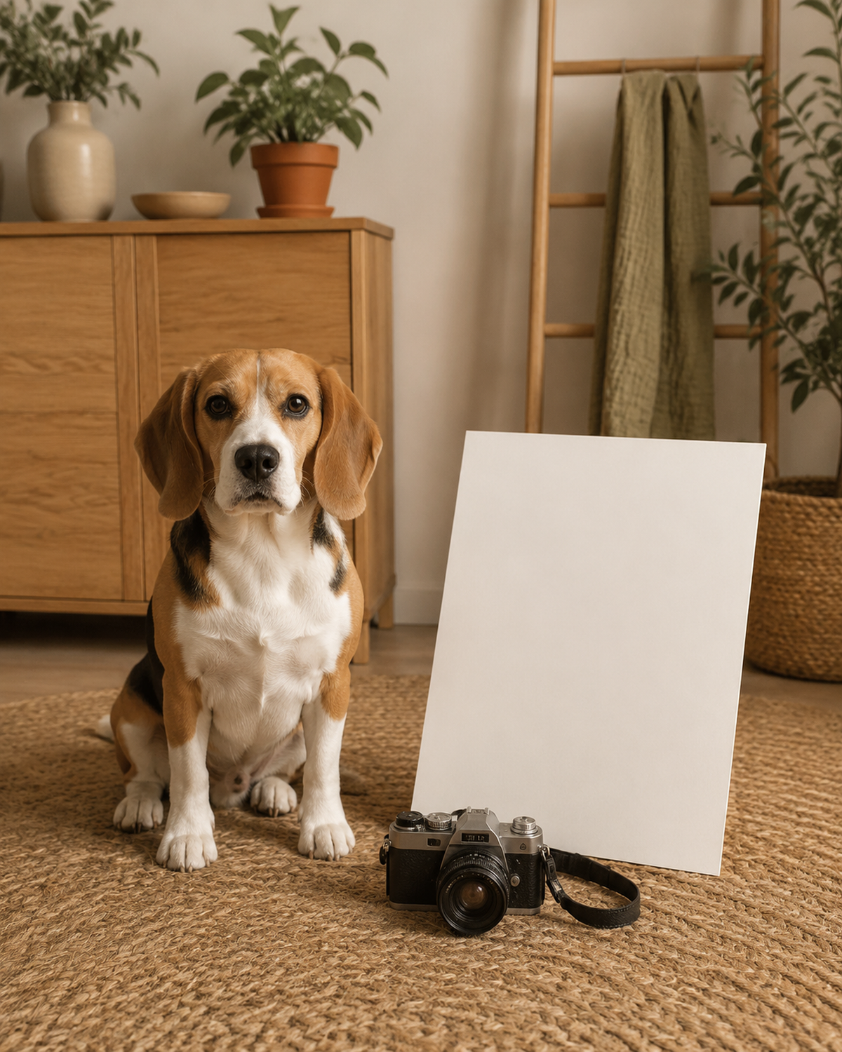 Calm Beagle beside a blank lost-dog flyer layout and current portrait in a warm home workspace.
