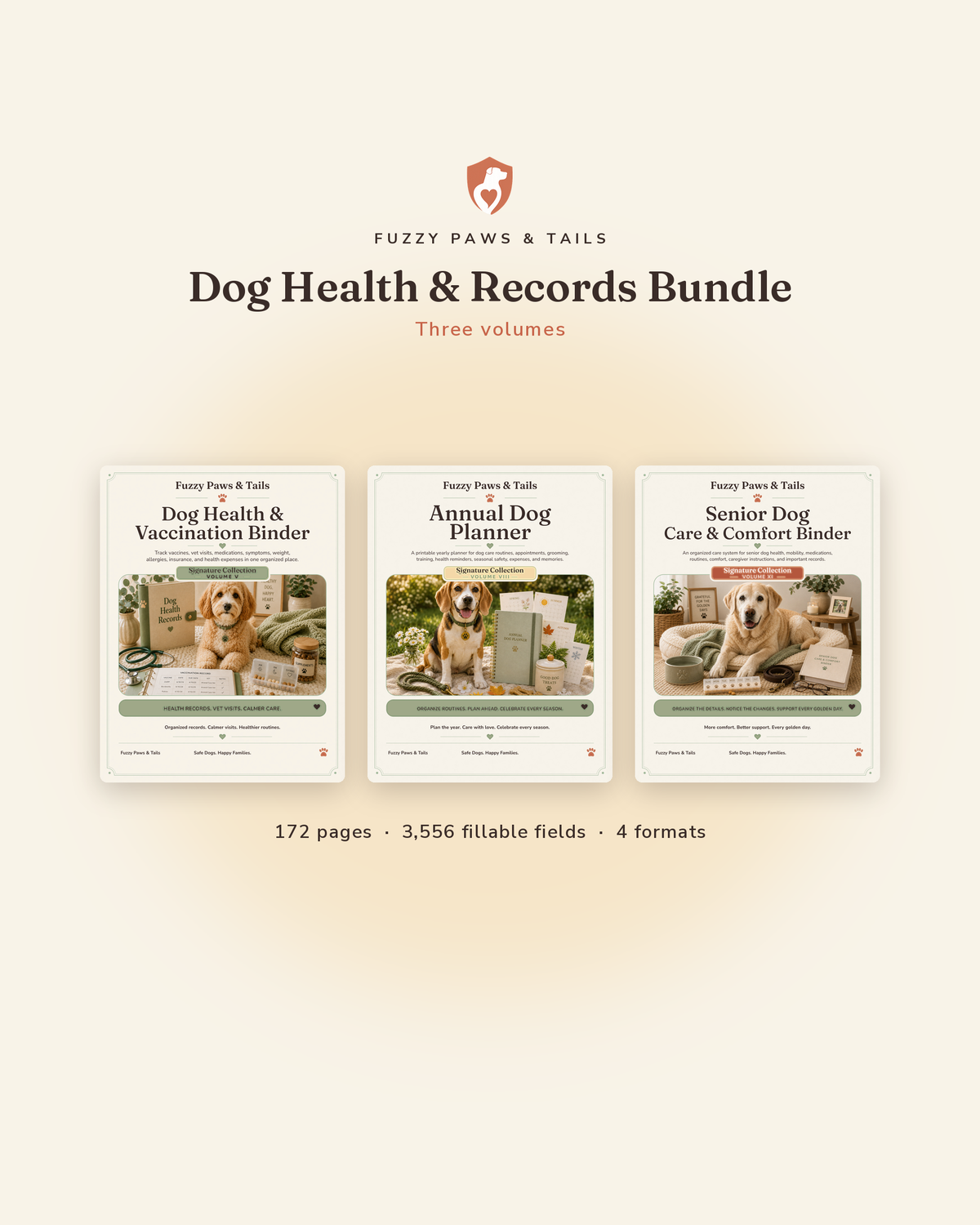 Dog Health & Records Bundle cover — vaccination binder, annual planner and senior care binder as printable fillable PDFs