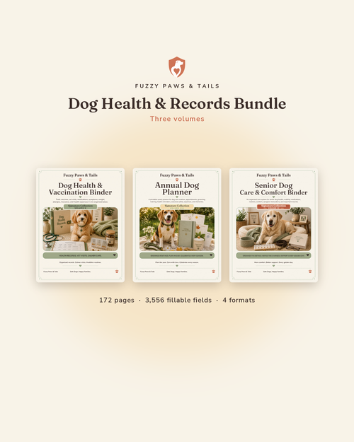Dog Health & Records Bundle cover — vaccination binder, annual planner and senior care binder as printable fillable PDFs