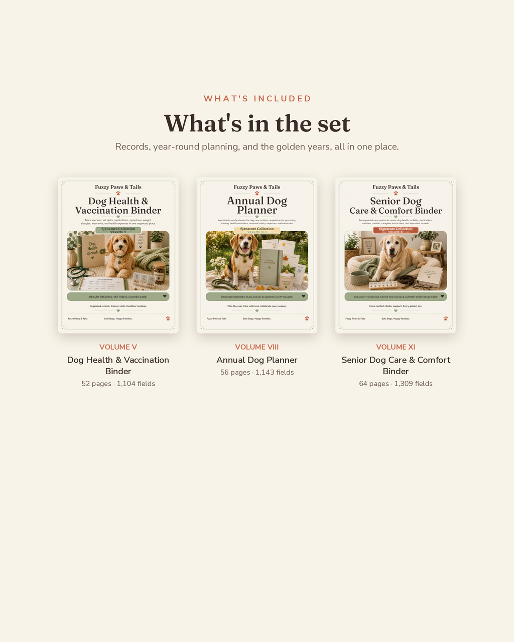 What's included in the Dog Health & Records Bundle — vaccination binder, annual planner and senior care binder