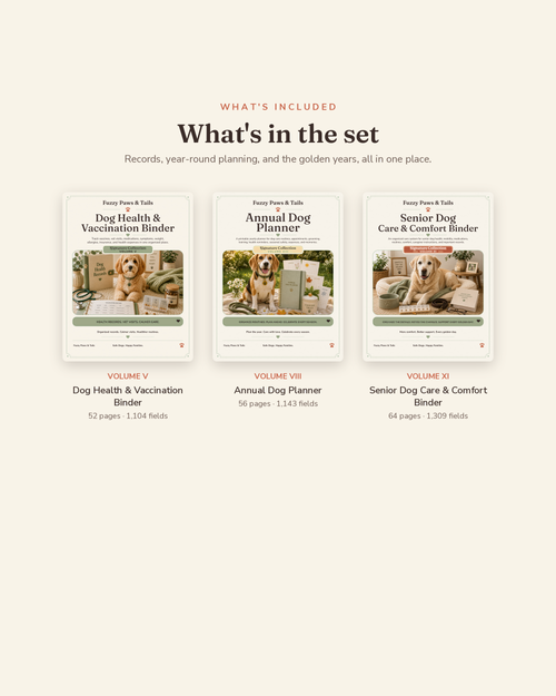 What's included in the Dog Health & Records Bundle — vaccination binder, annual planner and senior care binder