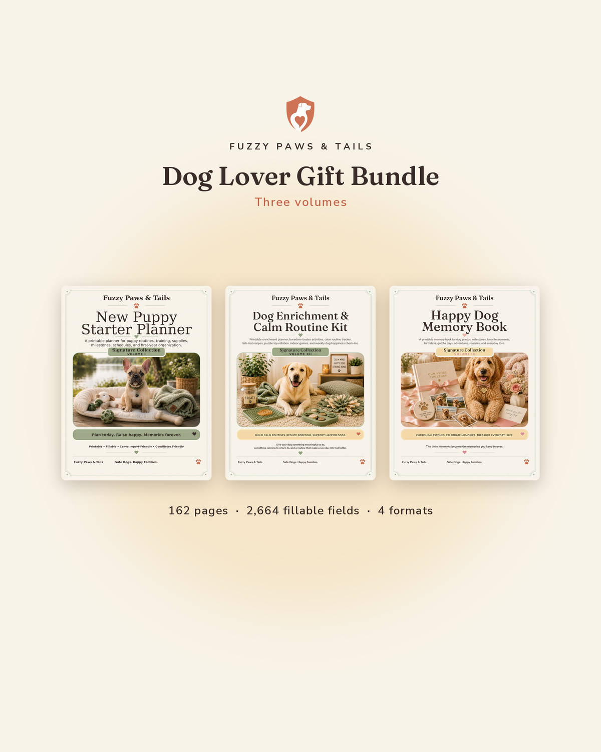Dog Lover Gift Bundle cover — dog memory book, enrichment kit and new puppy planner as printable fillable PDFs