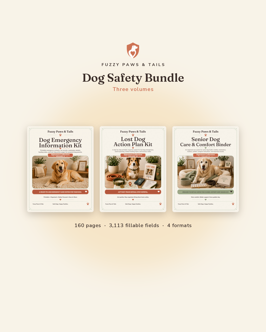 Dog Safety Printable Bundle cover — dog emergency kit, lost dog action plan and senior care binder as printable fillable PDFs