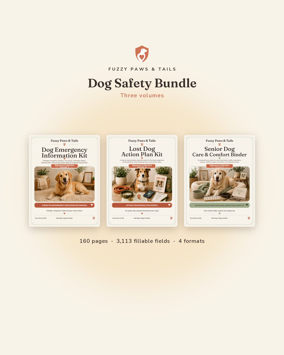 Dog Safety Printable Bundle cover — dog emergency kit, lost dog action plan and senior care binder as printable fillable PDFs