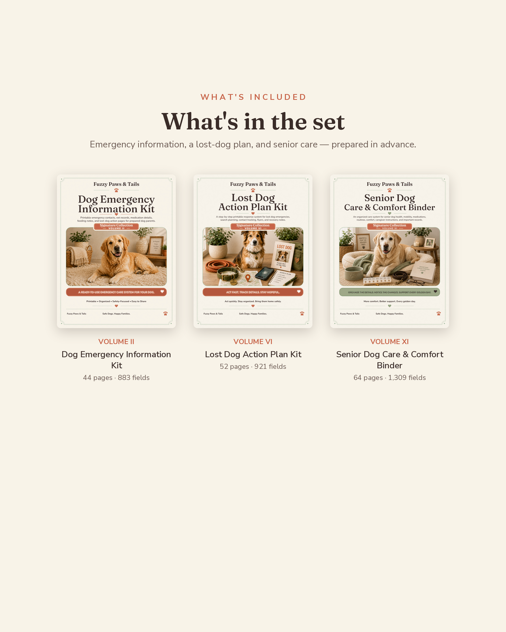 What's included in the Dog Safety Printable Bundle — dog emergency kit, lost dog action plan and senior care binder