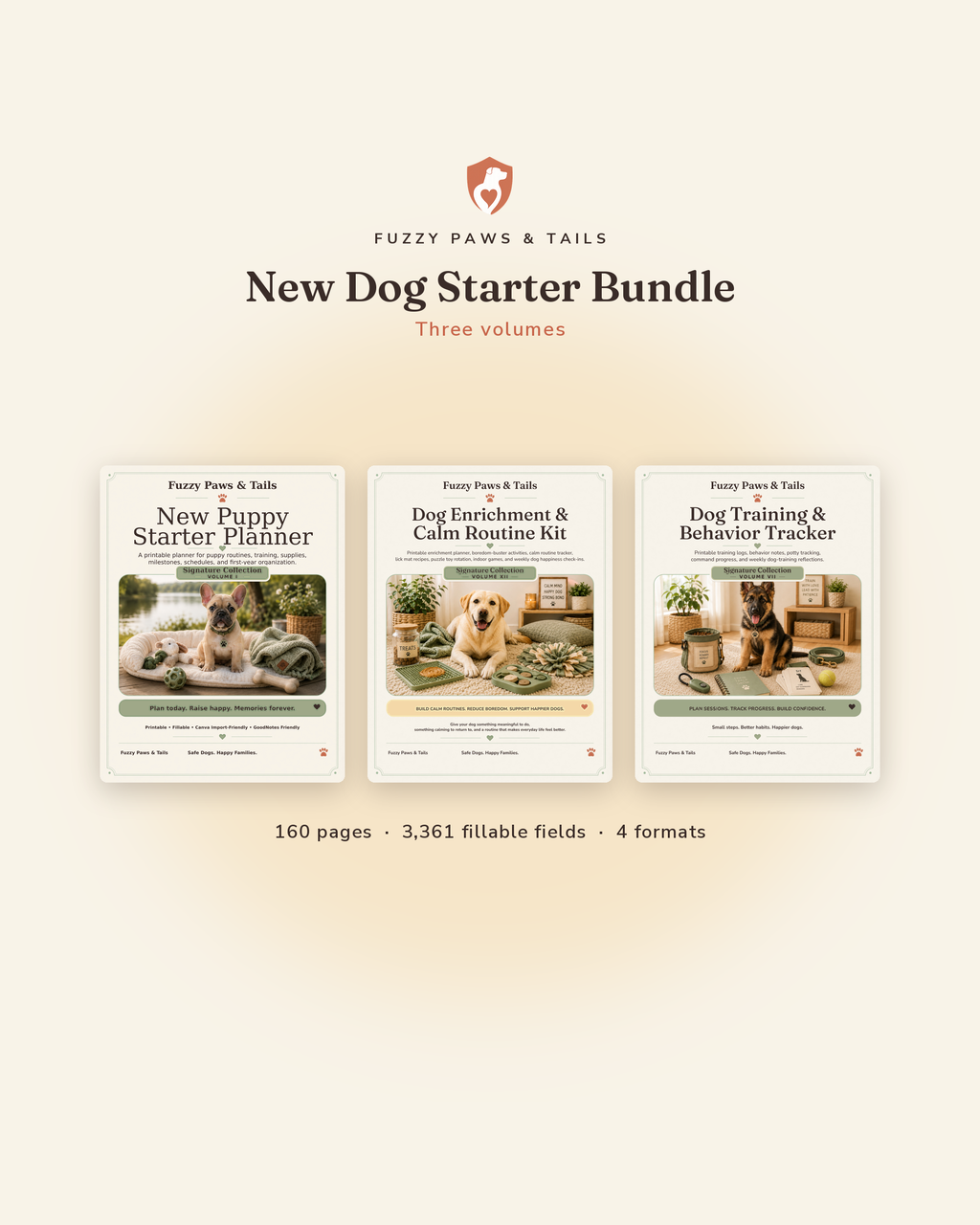 New Dog Starter Bundle cover — new puppy planner, training tracker and enrichment kit as printable fillable PDFs