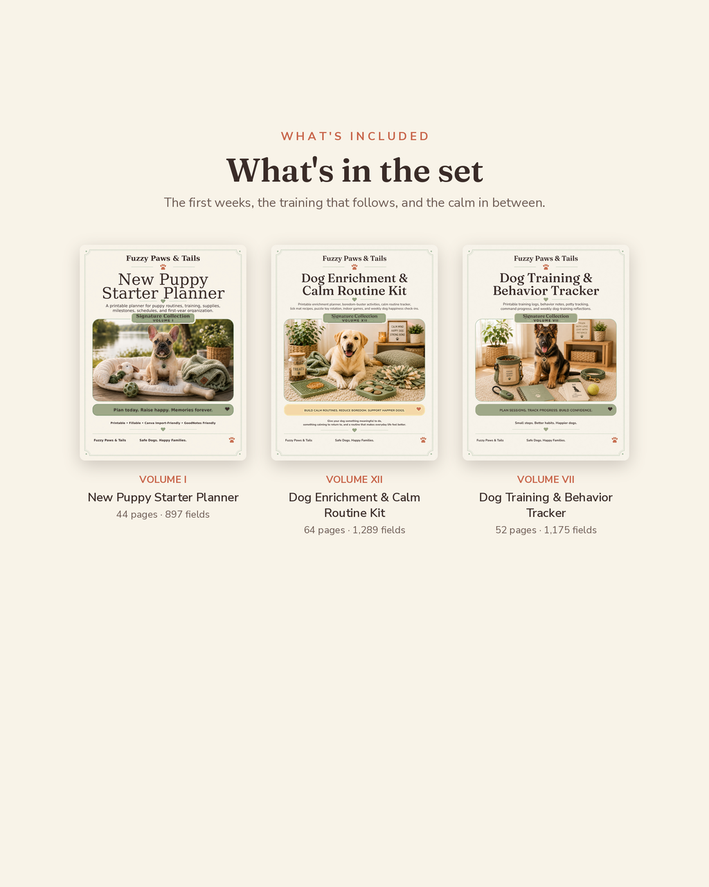 What's included in the New Dog Starter Bundle — new puppy planner, training tracker and enrichment kit
