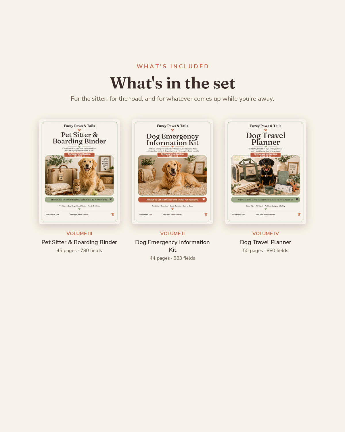What's included in the Pet Sitter & Travel Bundle — pet sitter binder, dog travel planner and emergency kit