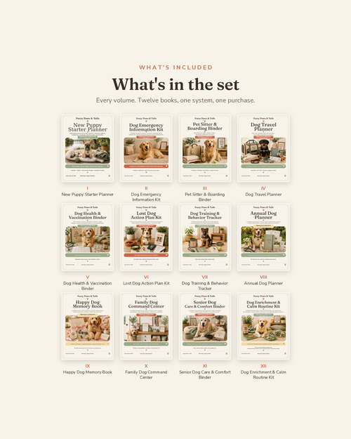 What's included in the Complete Signature Collection — all twelve printable dog care binders, Volumes I through XII