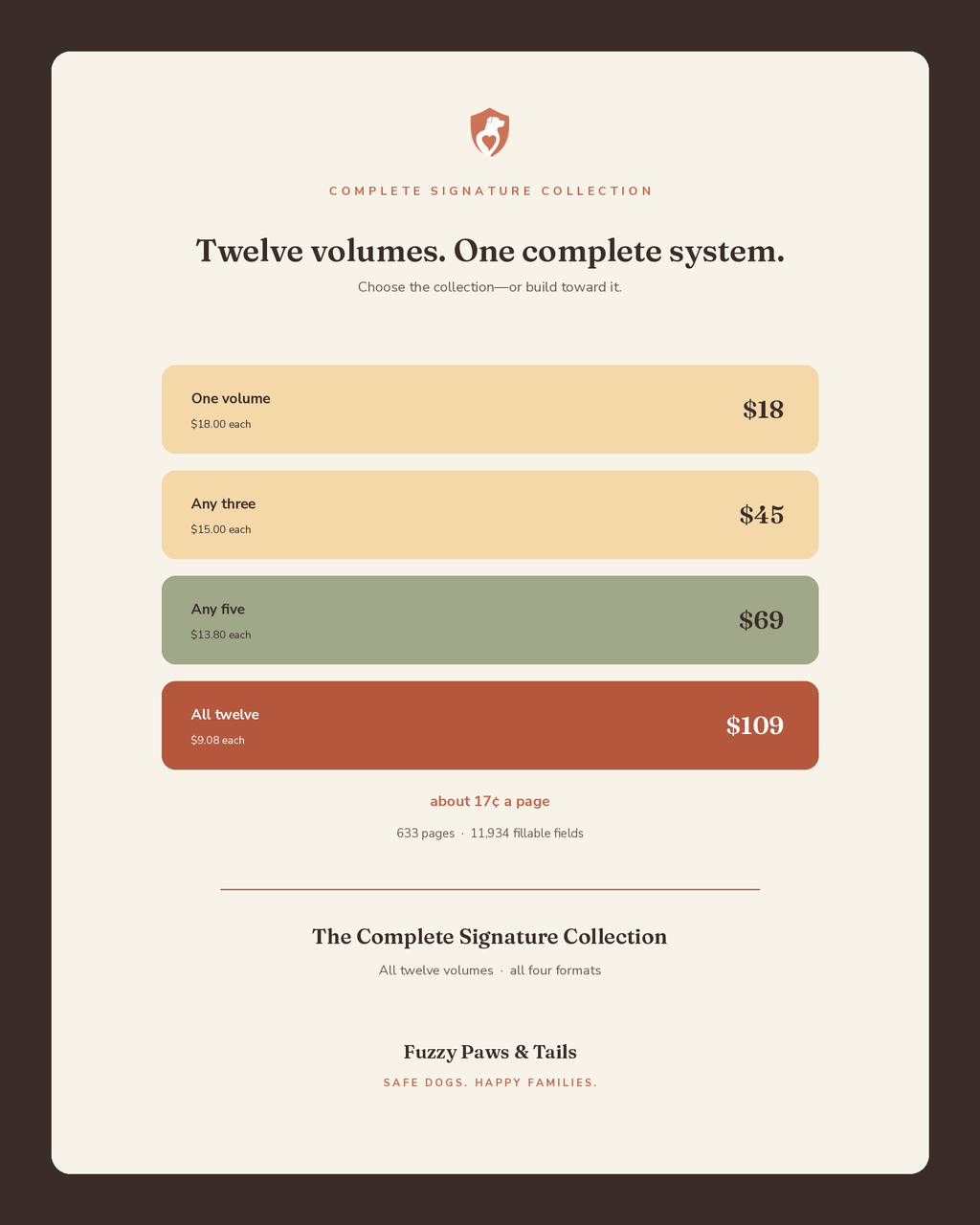 Printable dog care price ladder showing where the Complete Signature Collection sits at $109