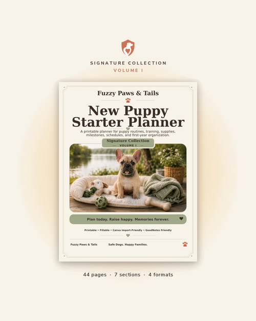 New Puppy Starter Planner printable cover — Volume I, 44-page fillable PDF new puppy planner