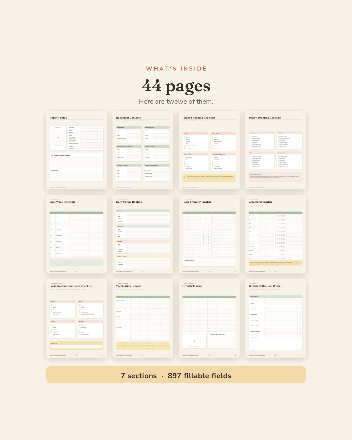 What's inside the New Puppy Starter Planner — 44 printable pages of first-week checklists, feeding and potty logs, and vet records