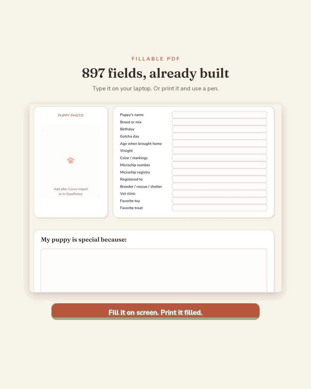 New Puppy Starter Planner fillable fields preview — 897 type-in fields across this printable new puppy planner
