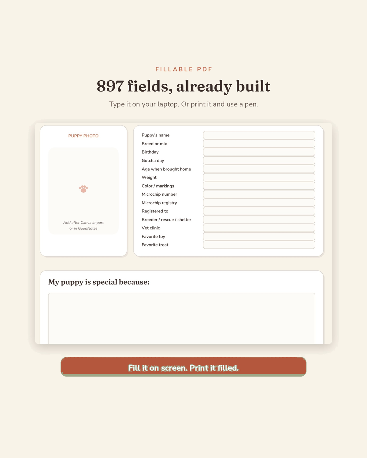 New Puppy Starter Planner fillable fields preview — 897 type-in fields across this printable new puppy planner