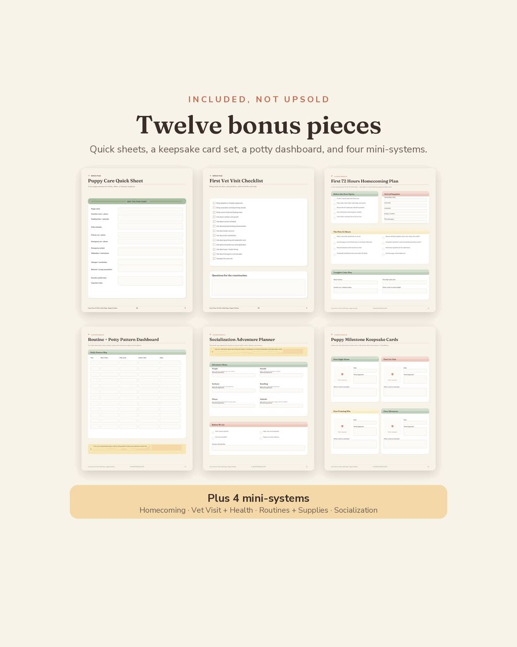 New Puppy Starter Planner bonus suite — 12 printable bonus pieces including 4 mini-systems, included with this new puppy planner