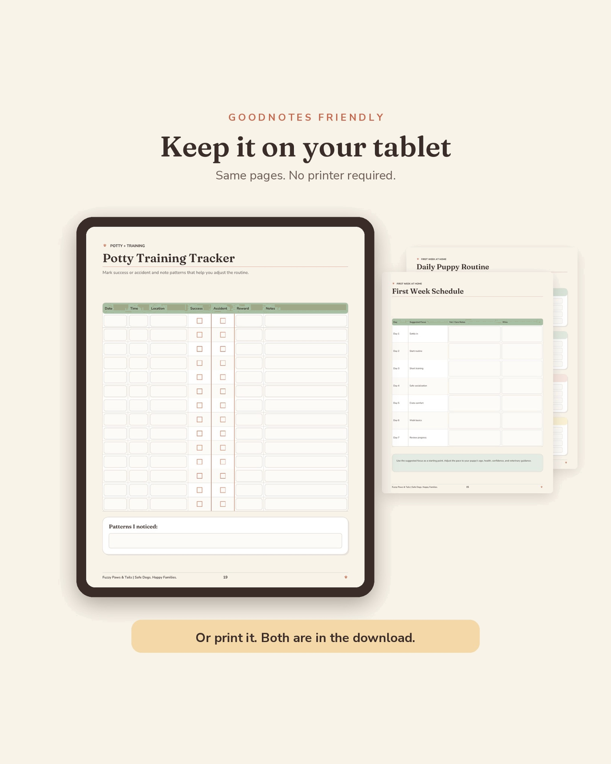New Puppy Starter Planner open on a tablet in GoodNotes — digital fillable version of this printable new puppy planner