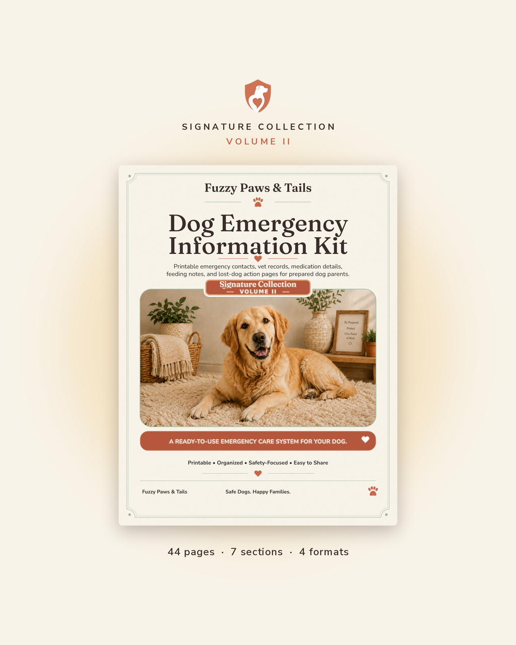 Dog Emergency Information Kit printable cover — Volume II, 44-page fillable PDF dog emergency binder