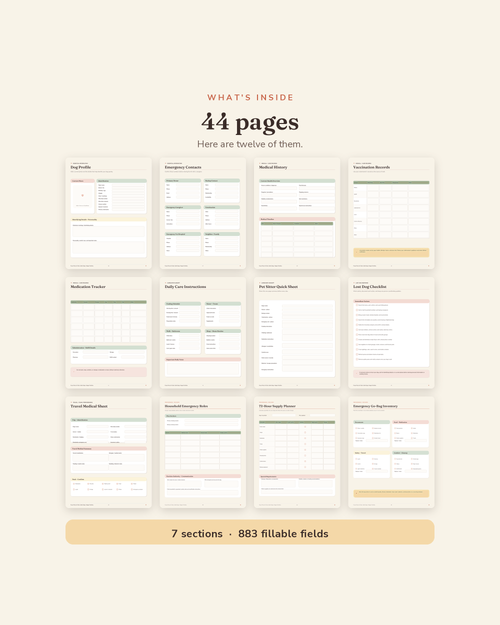 What's inside the Dog Emergency Information Kit — 44 printable pages of emergency contact sheets, wallet cards and evacuation plans