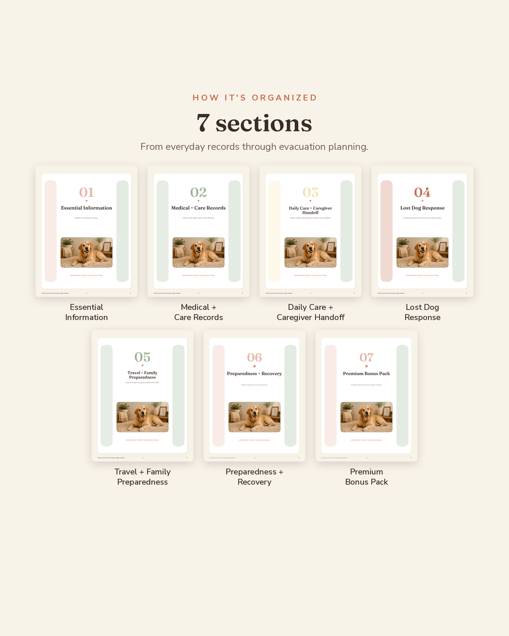 Dog Emergency Information Kit section overview — the 7 organized sections of this printable dog emergency binder