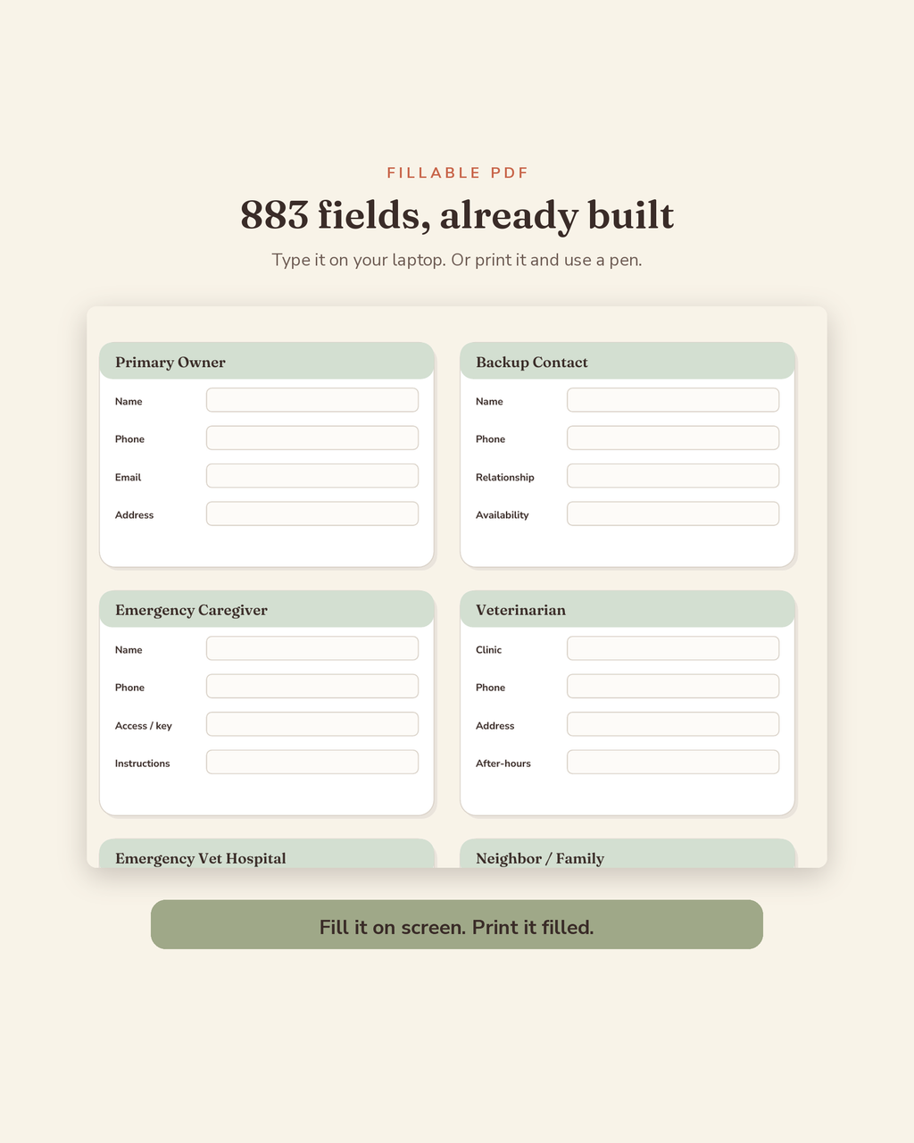 Dog Emergency Information Kit fillable fields preview — 883 type-in fields across this printable dog emergency binder