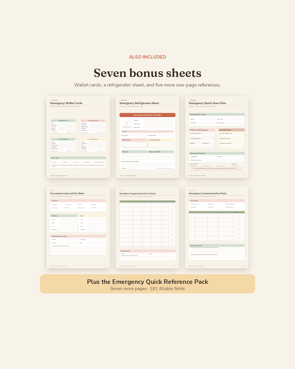 Dog Emergency Information Kit bonus suite — 7 printable bonus sheets included with this dog emergency binder