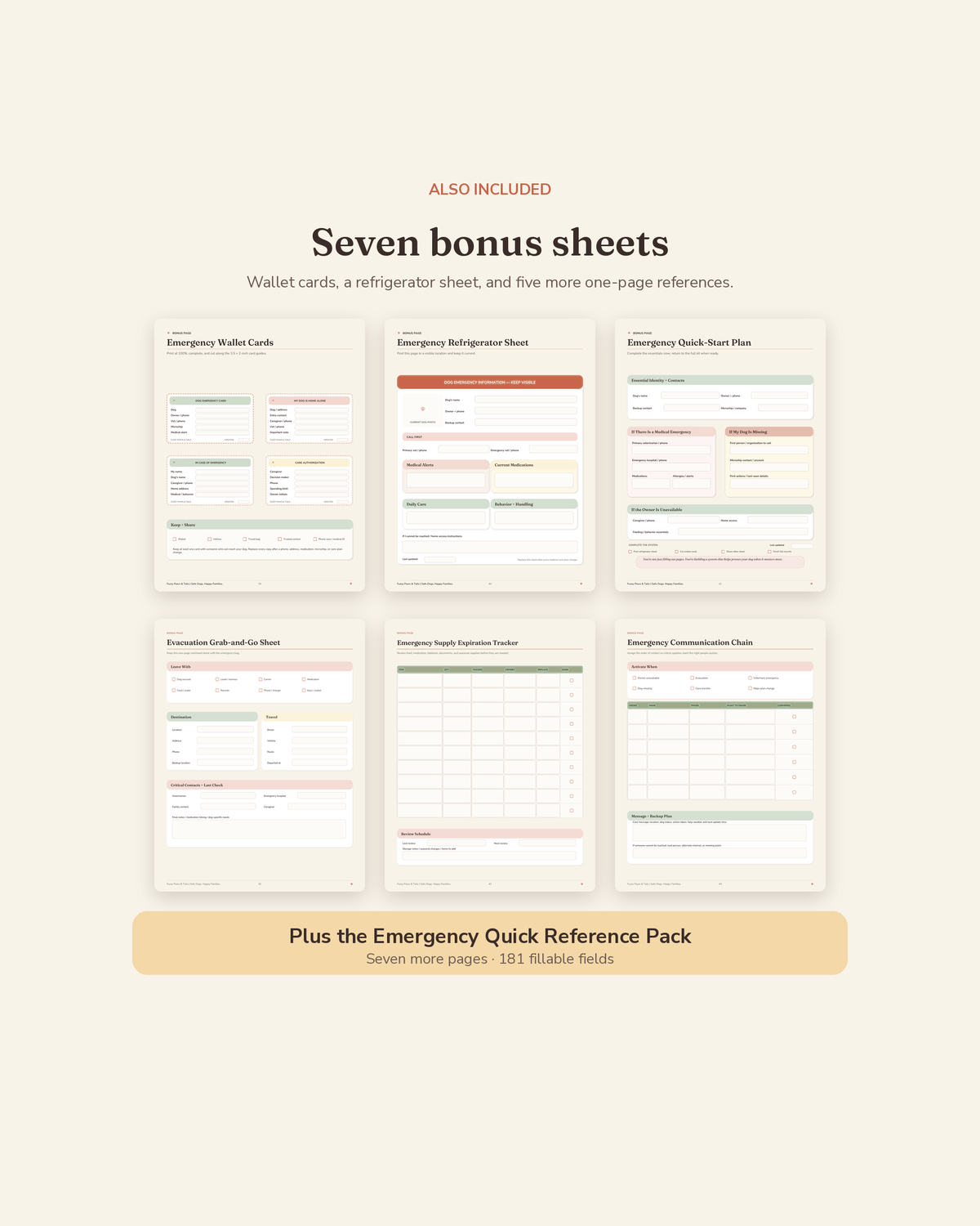 Dog Emergency Information Kit bonus suite — 7 printable bonus sheets included with this dog emergency binder