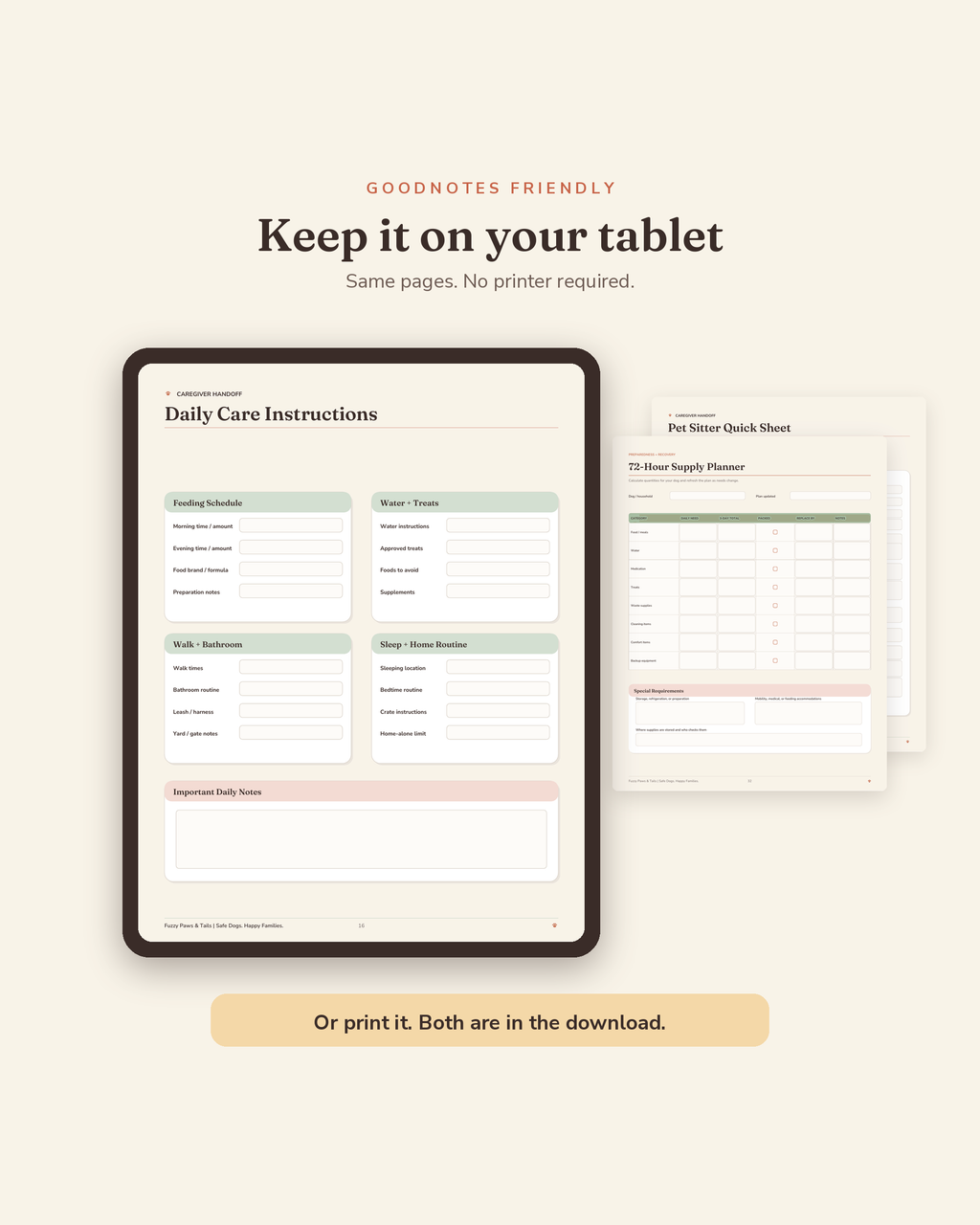 Dog Emergency Information Kit open on a tablet in GoodNotes — digital fillable version of this printable dog emergency binder