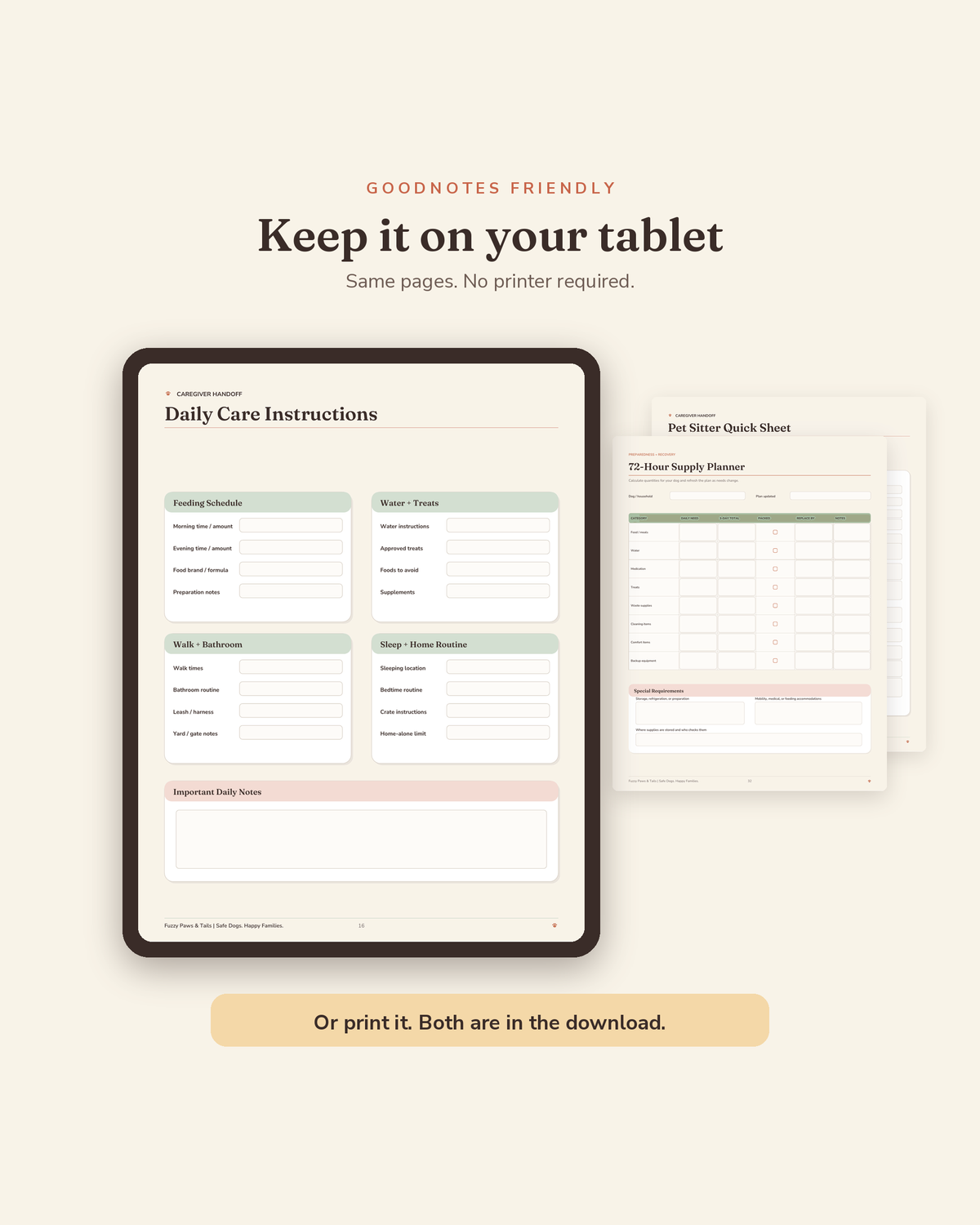 Dog Emergency Information Kit open on a tablet in GoodNotes — digital fillable version of this printable dog emergency binder