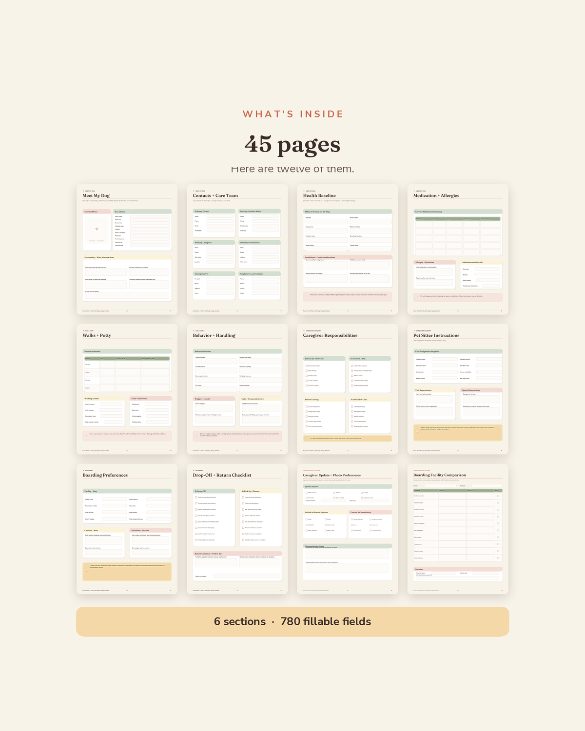 What's inside the Pet Sitter & Boarding Binder — 45 printable pages of dog sitter instructions, daily care logs and caregiver authorization forms