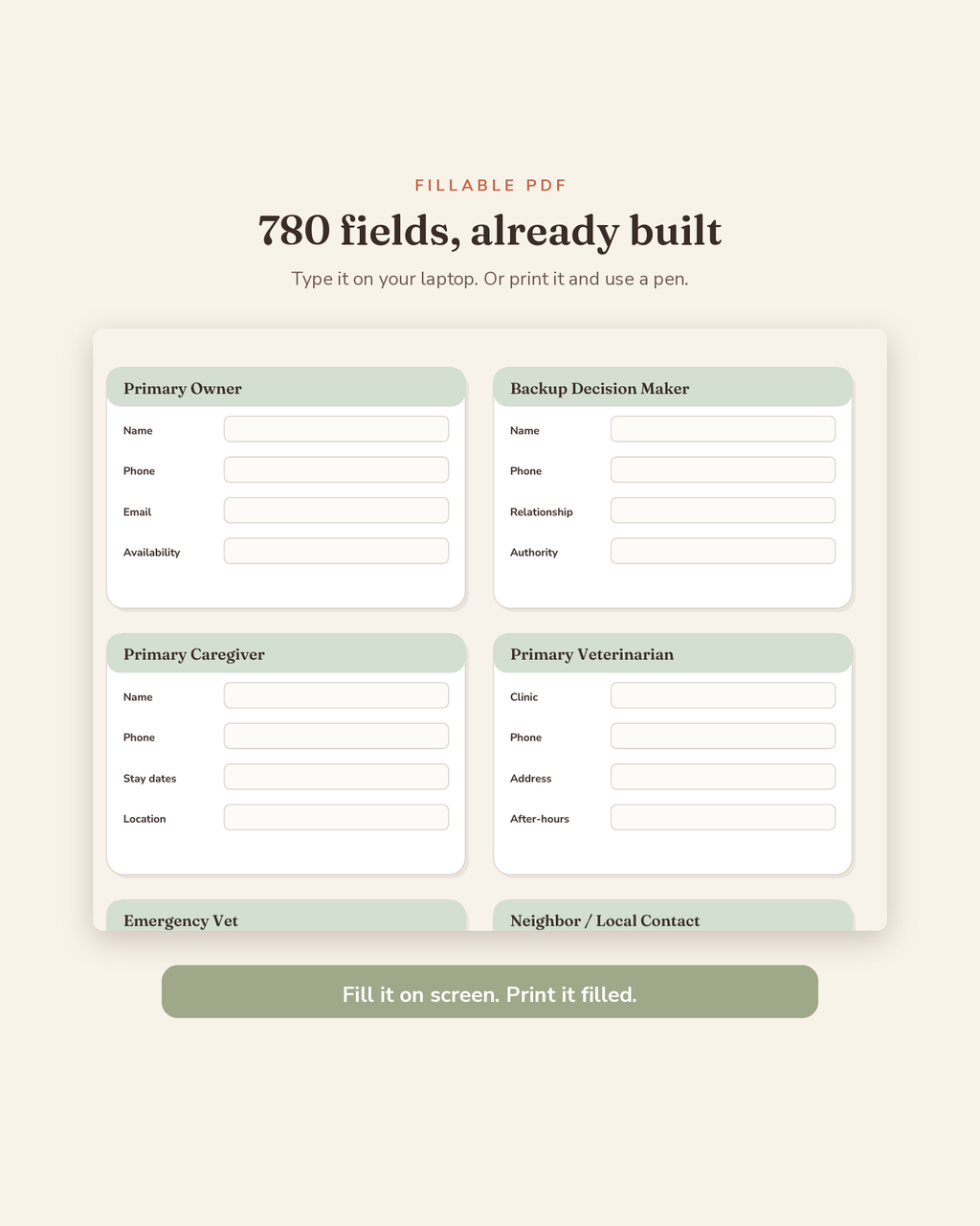 Pet Sitter & Boarding Binder fillable fields preview — 780 type-in fields across this printable pet sitter binder