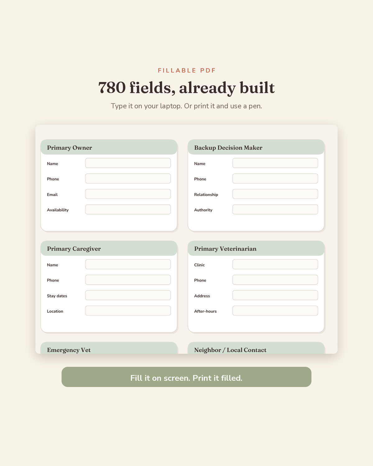 Pet Sitter & Boarding Binder fillable fields preview — 780 type-in fields across this printable pet sitter binder