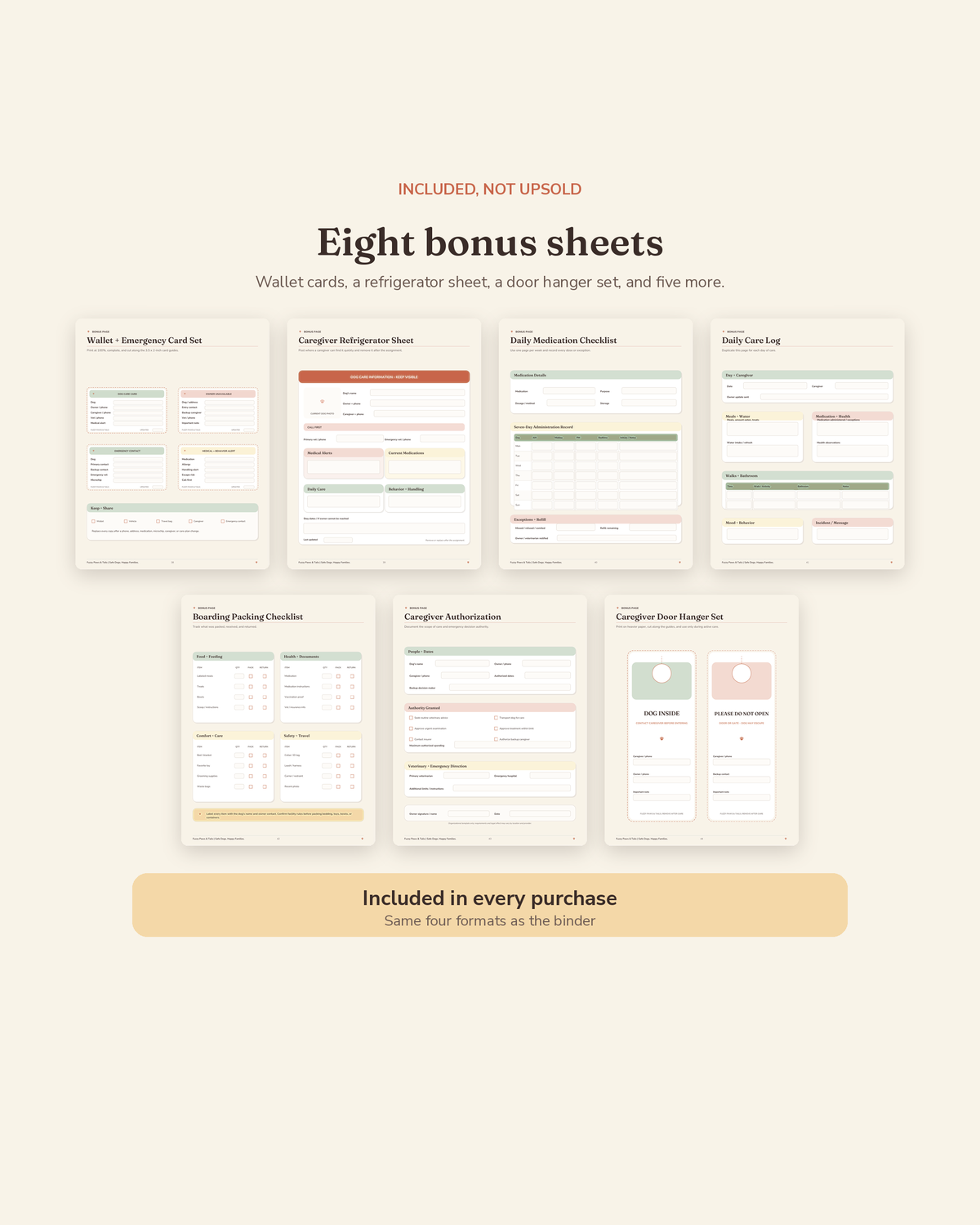 Pet Sitter & Boarding Binder bonus suite — 8 extra printable bonus sheets included with this pet sitter binder