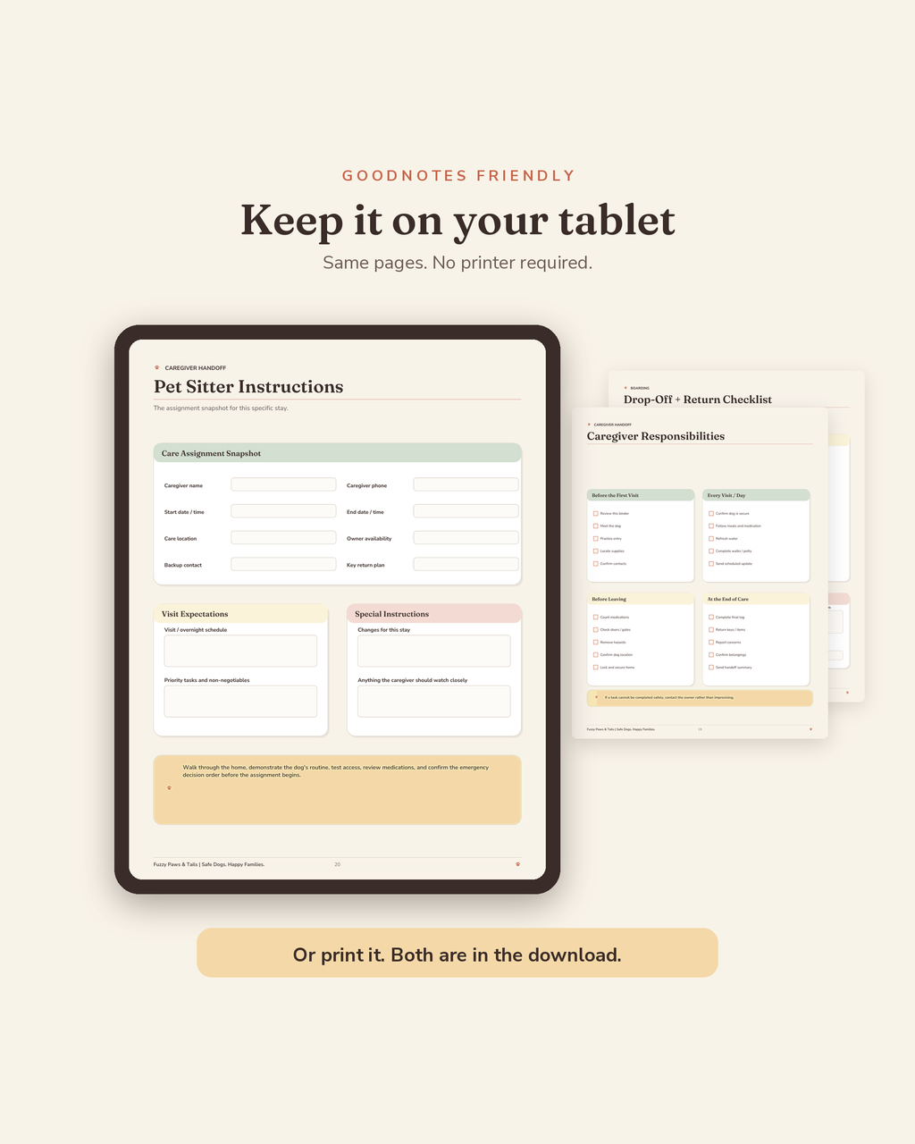 Pet Sitter & Boarding Binder open on a tablet in GoodNotes — digital fillable version of this printable pet sitter binder