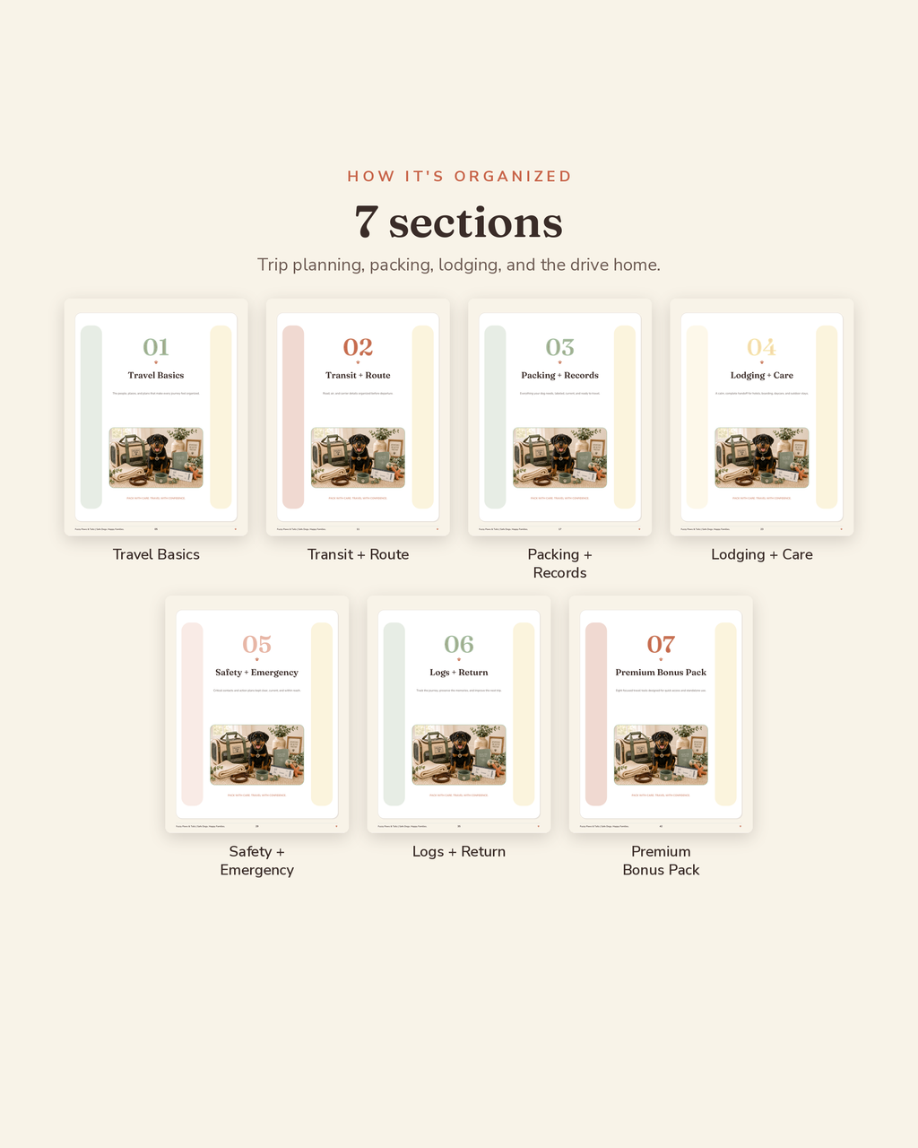 Dog Travel Planner section overview — the 7 organized sections of this printable dog travel planner