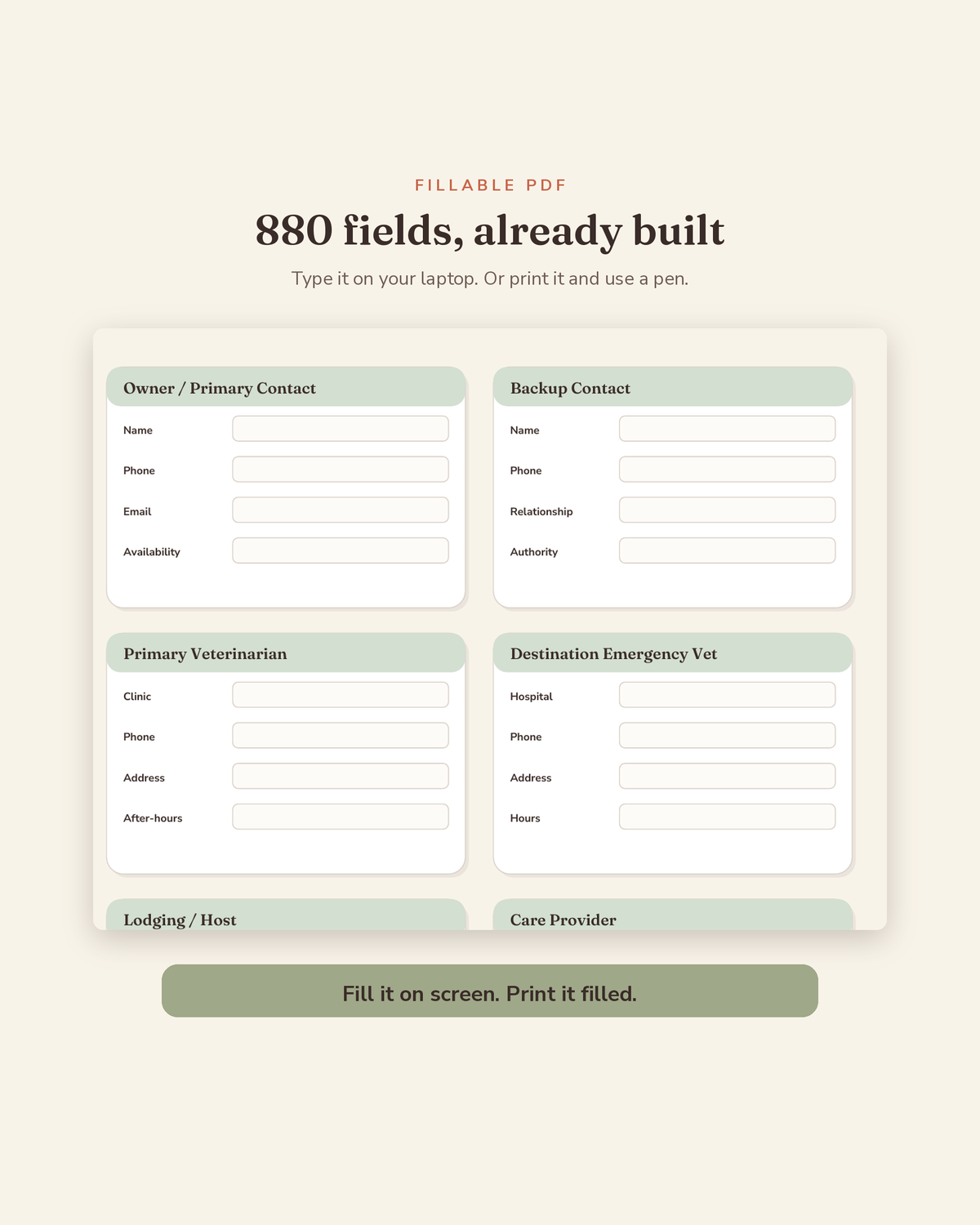 Dog Travel Planner fillable fields preview — 880 type-in fields across this printable dog travel planner