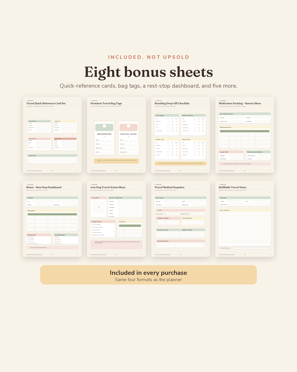 Dog Travel Planner bonus suite — 8 extra printable bonus sheets included with this dog travel planner