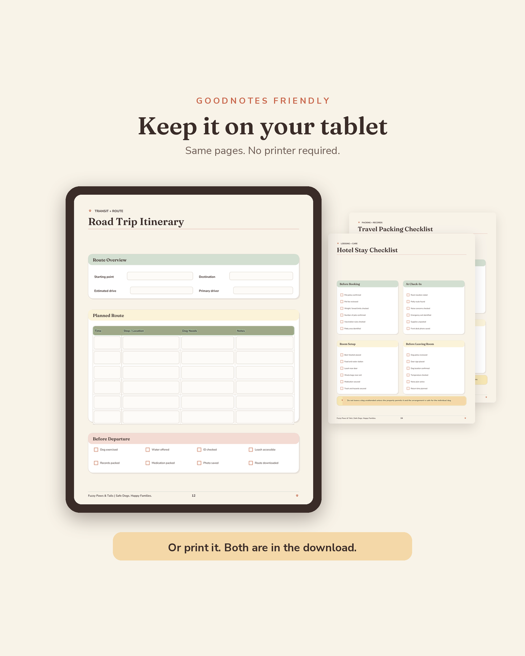 Dog Travel Planner open on a tablet in GoodNotes — digital fillable version of this printable dog travel planner