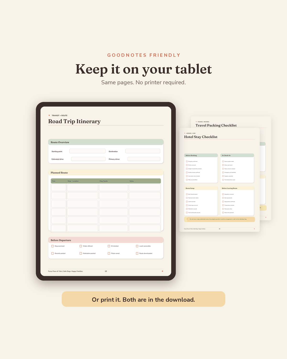 Dog Travel Planner open on a tablet in GoodNotes — digital fillable version of this printable dog travel planner