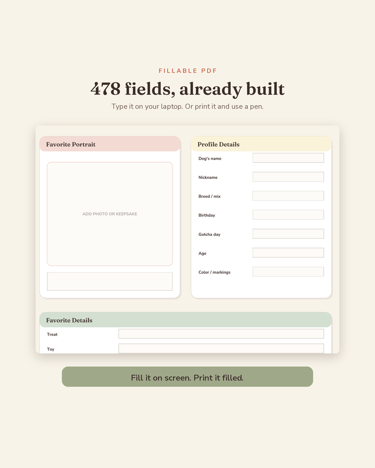 Happy Dog Memory Book fillable fields preview — type-in prompts and open writing space in this printable dog memory book