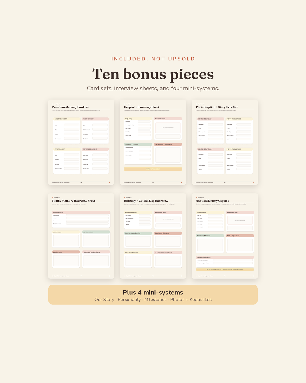Happy Dog Memory Book bonus suite — 6 printable bonus sheets plus 4 mini-systems included with this dog memory book
