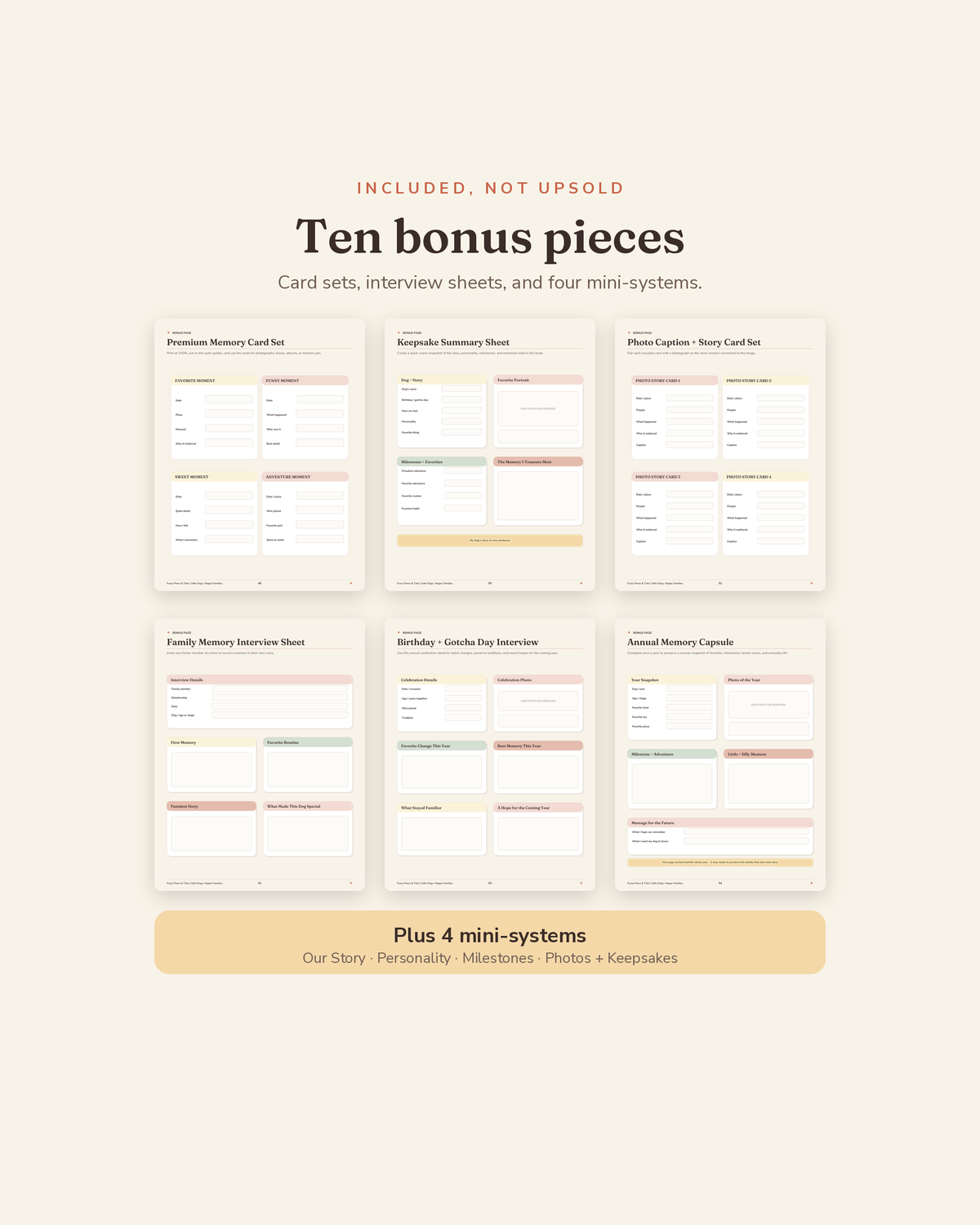 Happy Dog Memory Book bonus suite — 6 printable bonus sheets plus 4 mini-systems included with this dog memory book