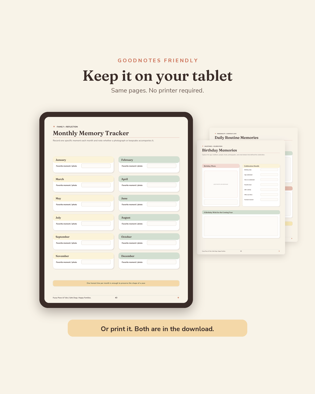 Happy Dog Memory Book open on a tablet in GoodNotes — digital fillable version of this printable dog memory book