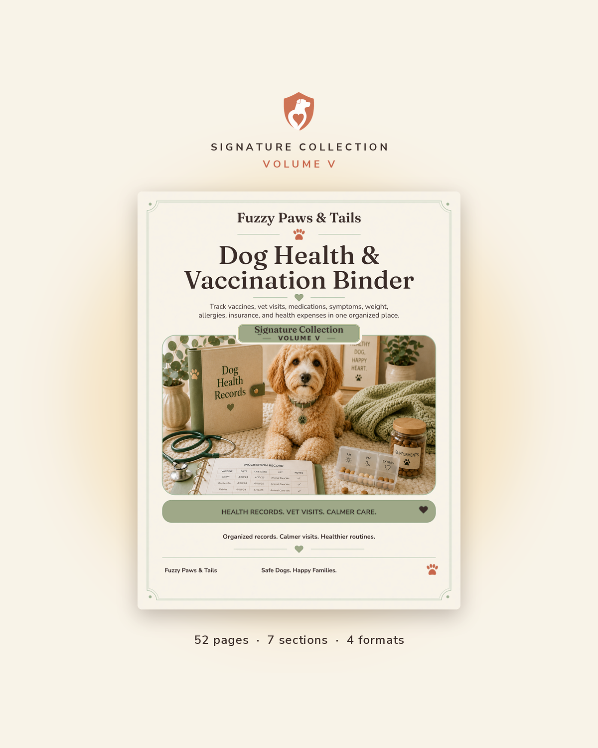 Dog Health & Vaccination Binder printable cover — Volume V, 52-page fillable PDF dog health record binder