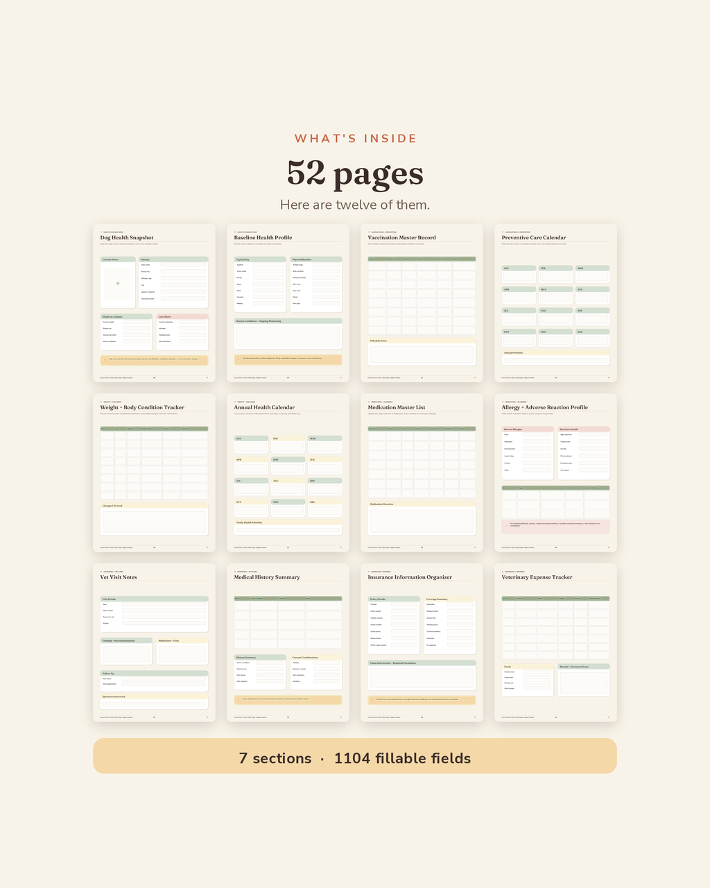 What's inside the Dog Health & Vaccination Binder — 52 printable pages of vaccination records, vet visit logs and medication trackers