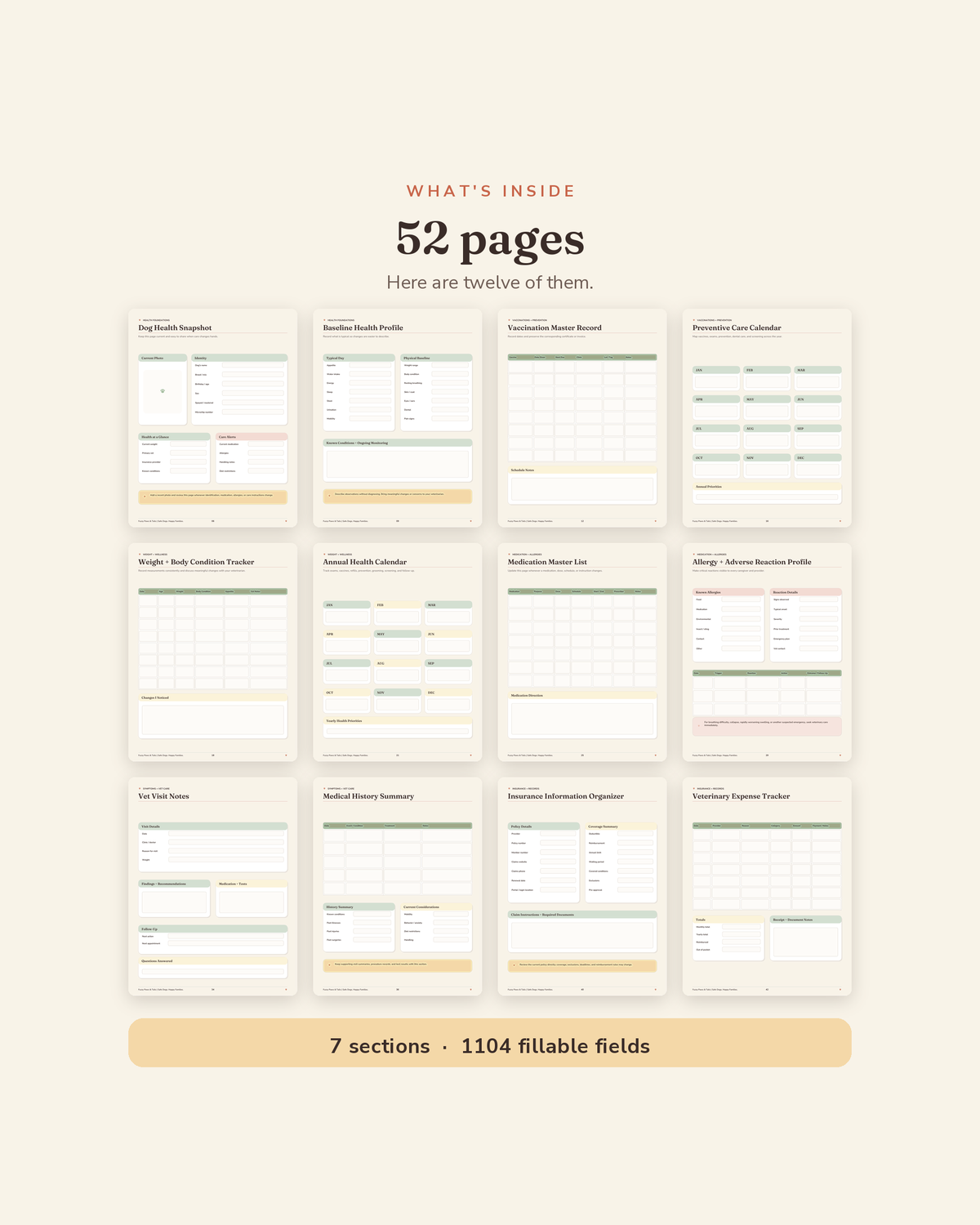 What's inside the Dog Health & Vaccination Binder — 52 printable pages of vaccination records, vet visit logs and medication trackers