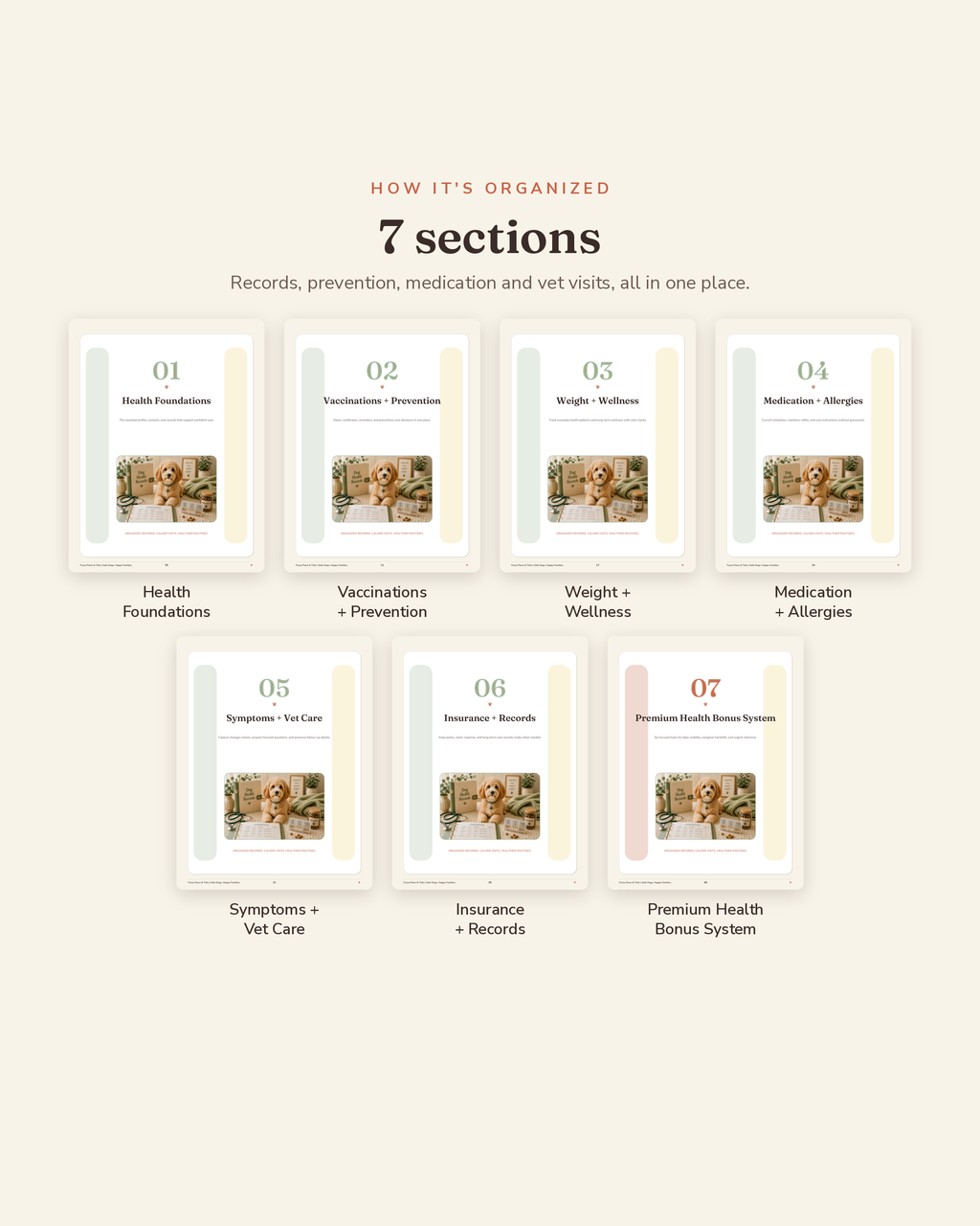 Dog Health & Vaccination Binder section overview — the 7 organized sections of this printable dog health record binder