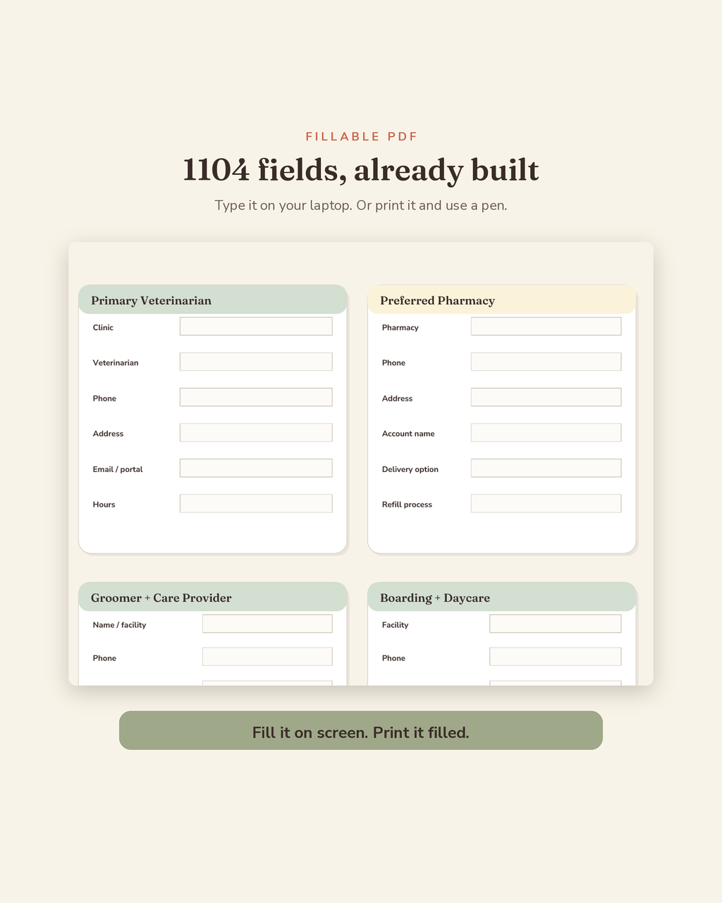 Dog Health & Vaccination Binder fillable fields preview — 1,104 type-in fields across this printable dog health record binder