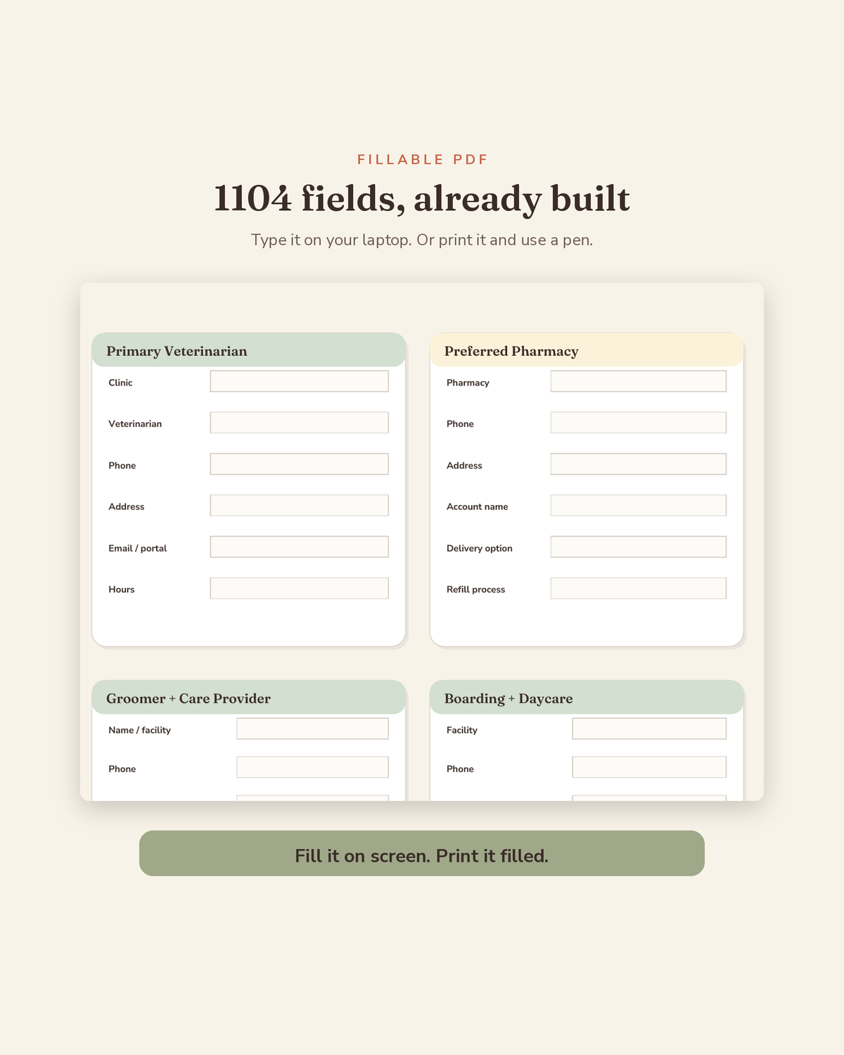 Dog Health & Vaccination Binder fillable fields preview — 1,104 type-in fields across this printable dog health record binder