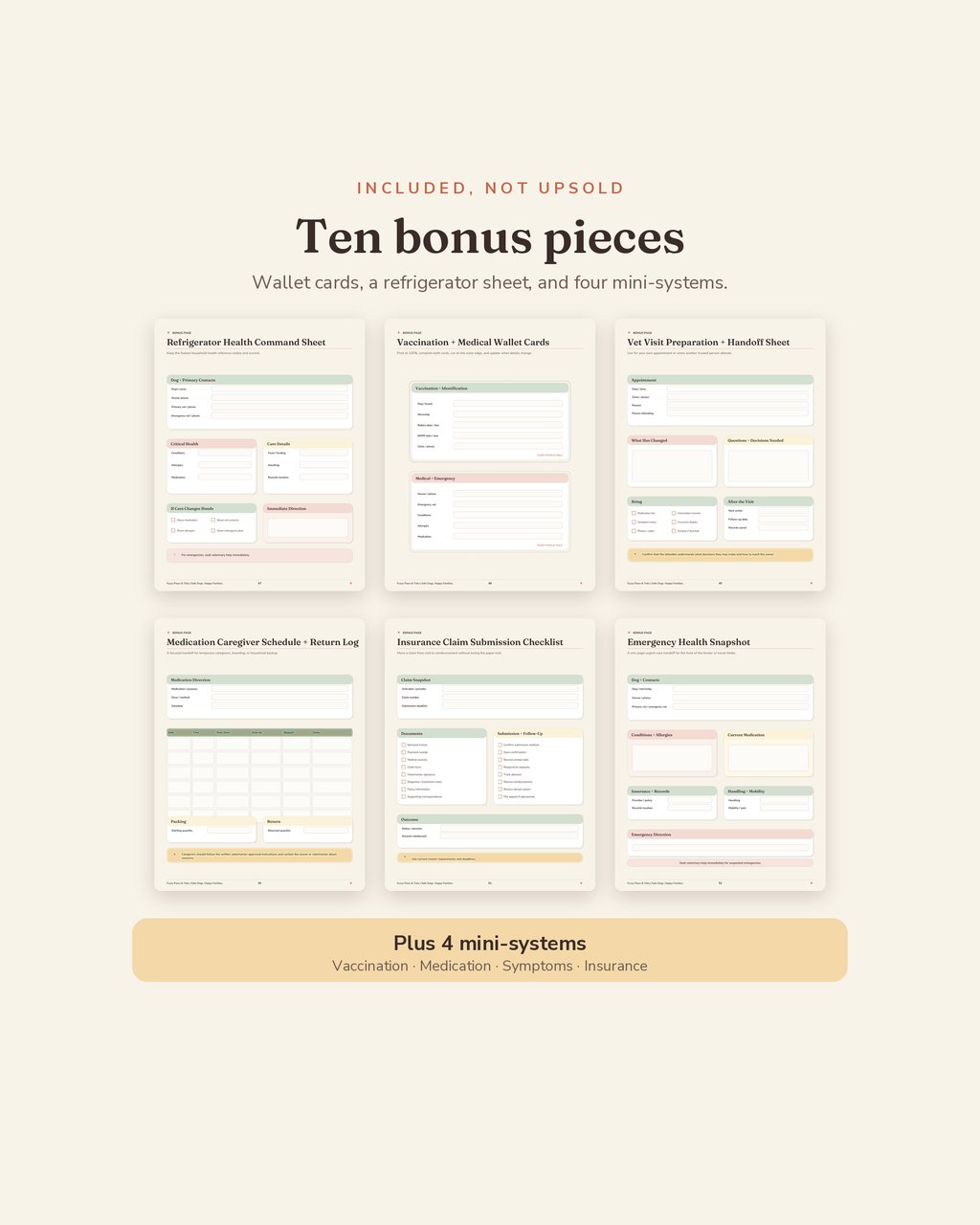 Dog Health & Vaccination Binder bonus suite — 6 printable bonus sheets plus 4 mini-systems included with this dog health record binder