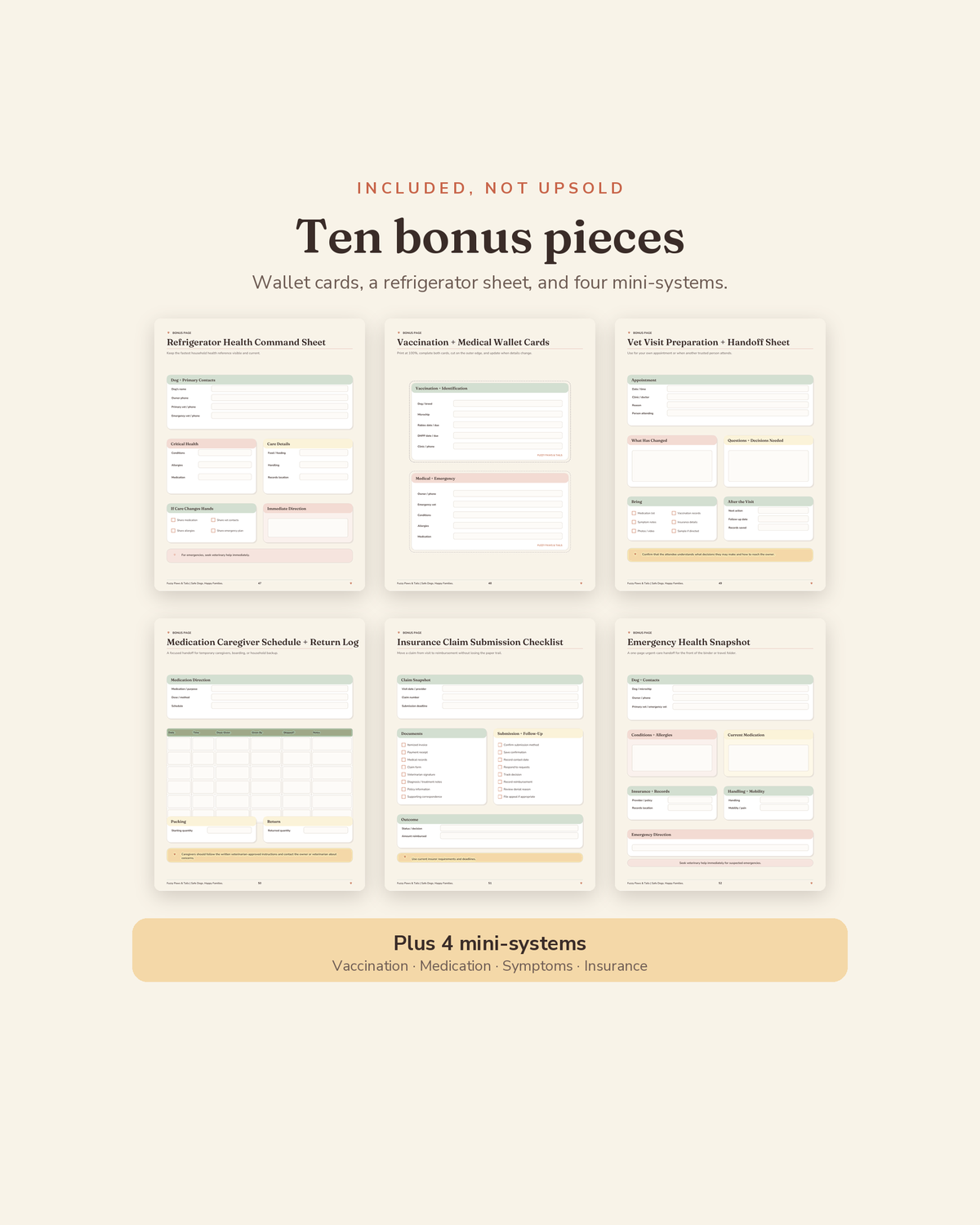 Dog Health & Vaccination Binder bonus suite — 6 printable bonus sheets plus 4 mini-systems included with this dog health record binder